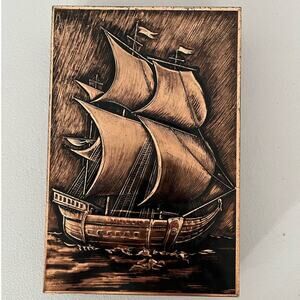 Vintage Navy Ship Sailboat Embossed Nautical Trinket Tin Copper Color Metal Box